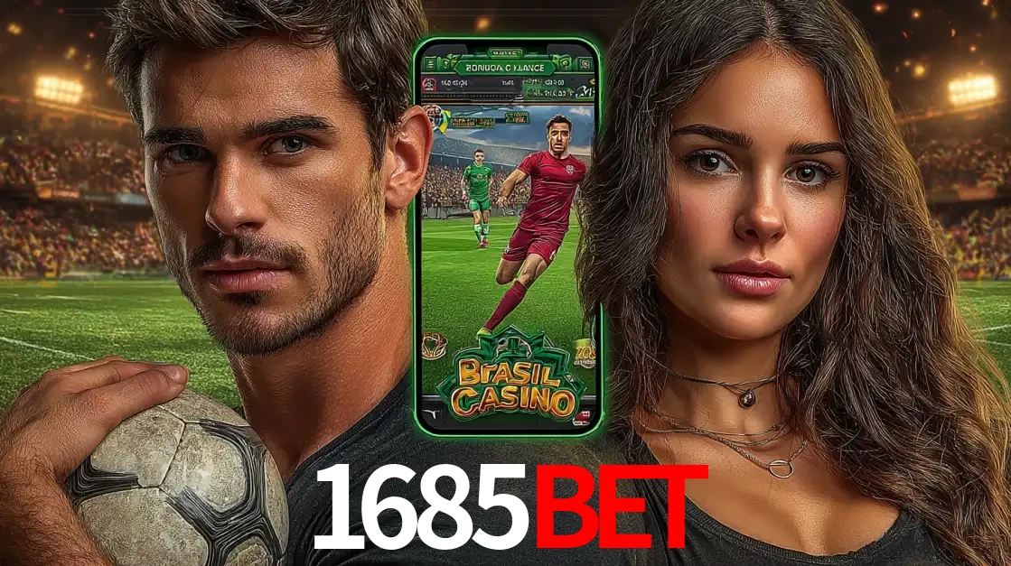 Homem segurando uma bola de futebol e uma mulher ao lado de um smartphone exibindo o jogo de apostas esportivas da 1685bet. Faça seu palpite no cassino online.